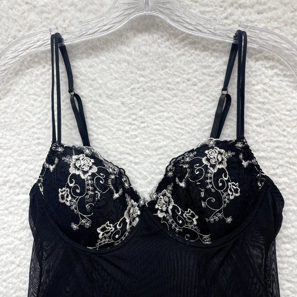 Black Chemise Slip Lingerie Womens M Medium Black Sheer Mesh Padded Embroidered - Picture 3 of 10